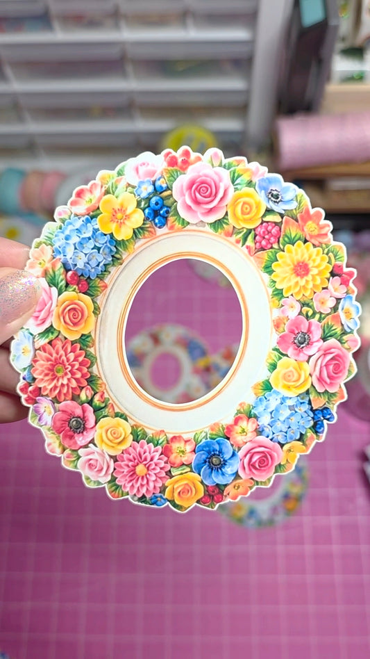 Colorful flower-shaped mirror with a blurred background