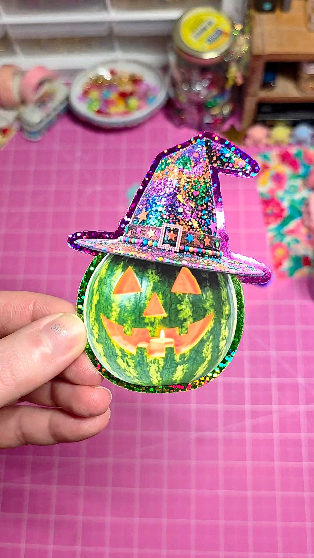 Decorative watermelon with a witch hat and carved face held by a hand on a pink grid background.