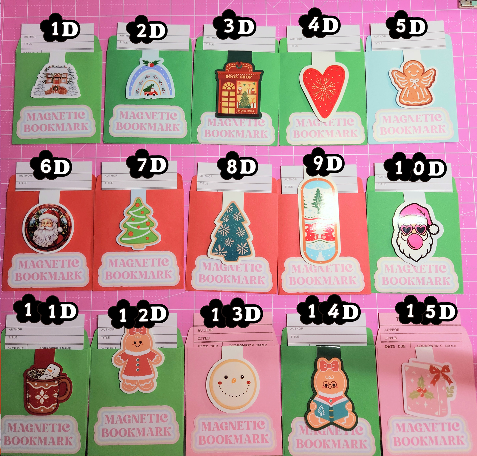 Set of magnetic bookmarks with various designs on a pink grid background