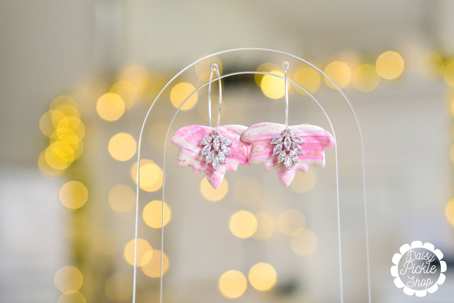 marbled pink lotus and sparkle charm earrings