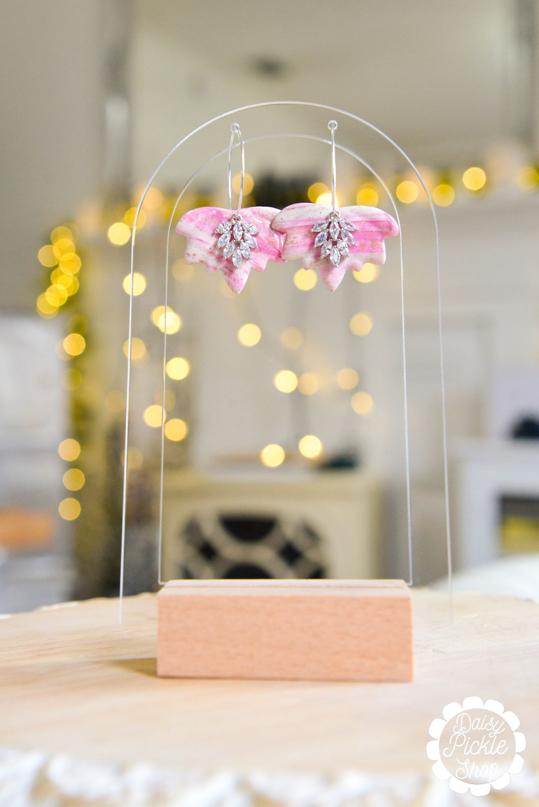 marbled pink lotus and sparkle charm earrings