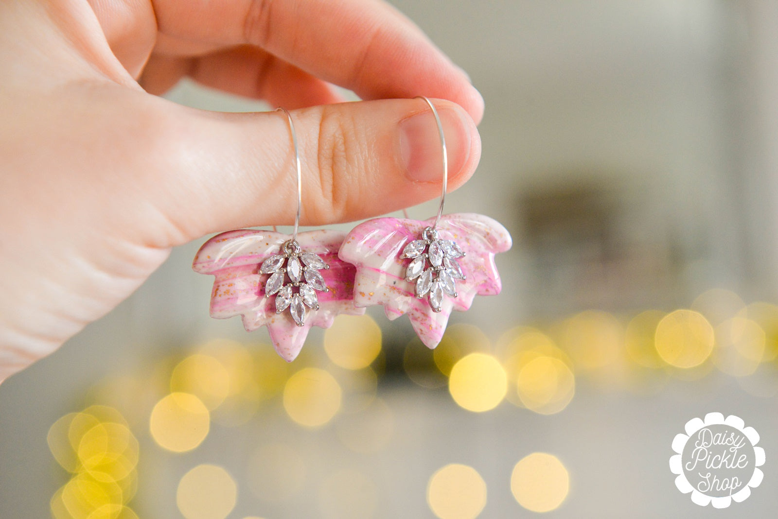 marbled pink lotus and sparkle charm earrings