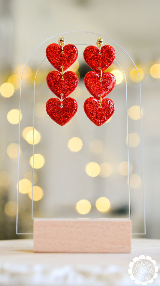 Sparkly Red Heart Dangle Earrings