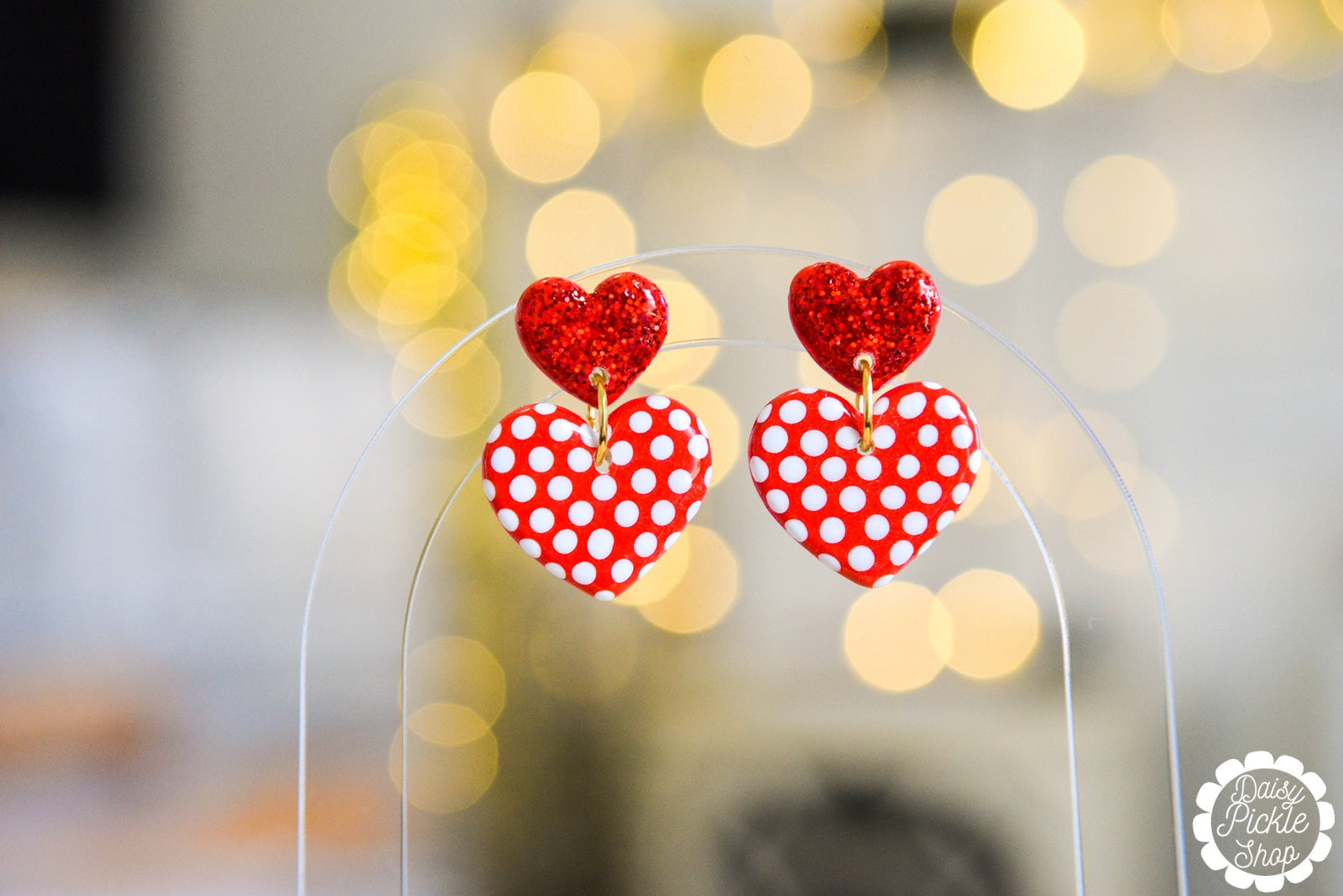 Sparkly Red Polka Dot Heart Earrings