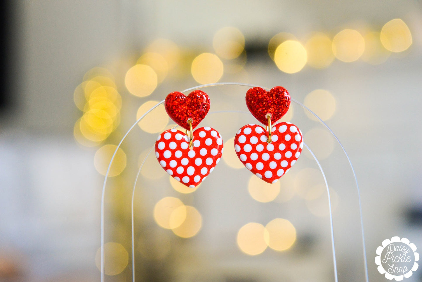 Sparkly Red Polka Dot Heart Earrings