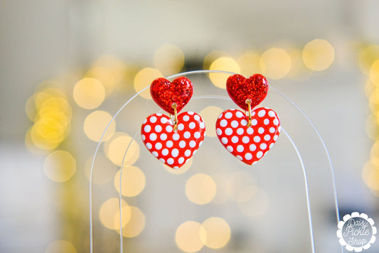 Sparkly Red Polka Dot Heart Earrings