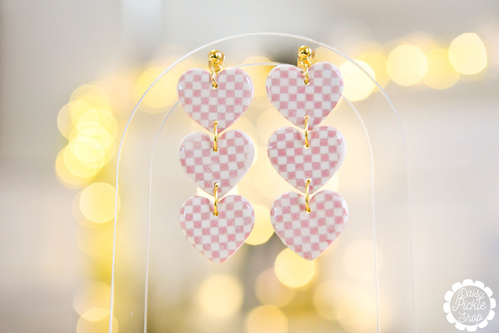 Pink Checkered Heart Earrings