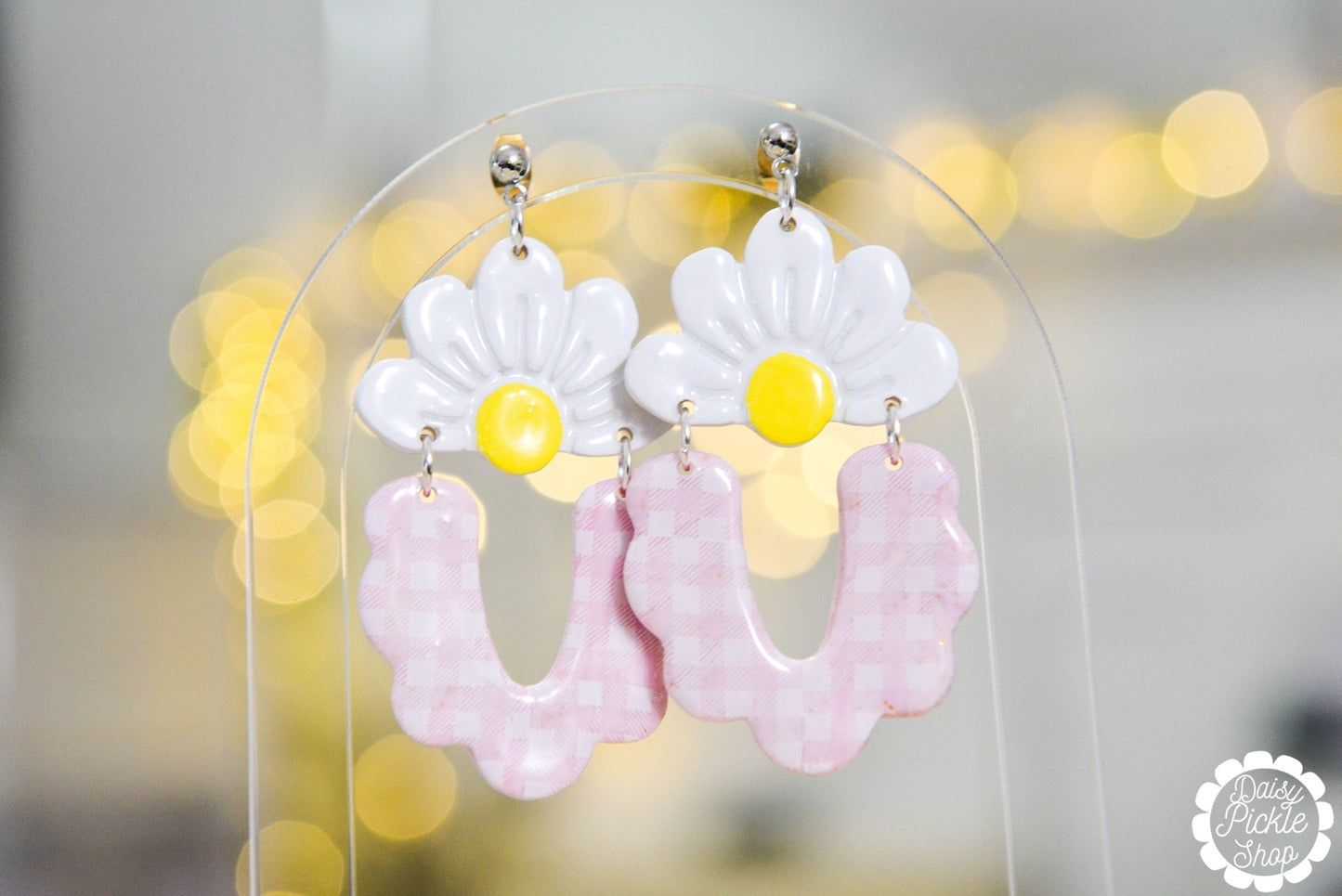 Pink Daisy Gingham Earrings