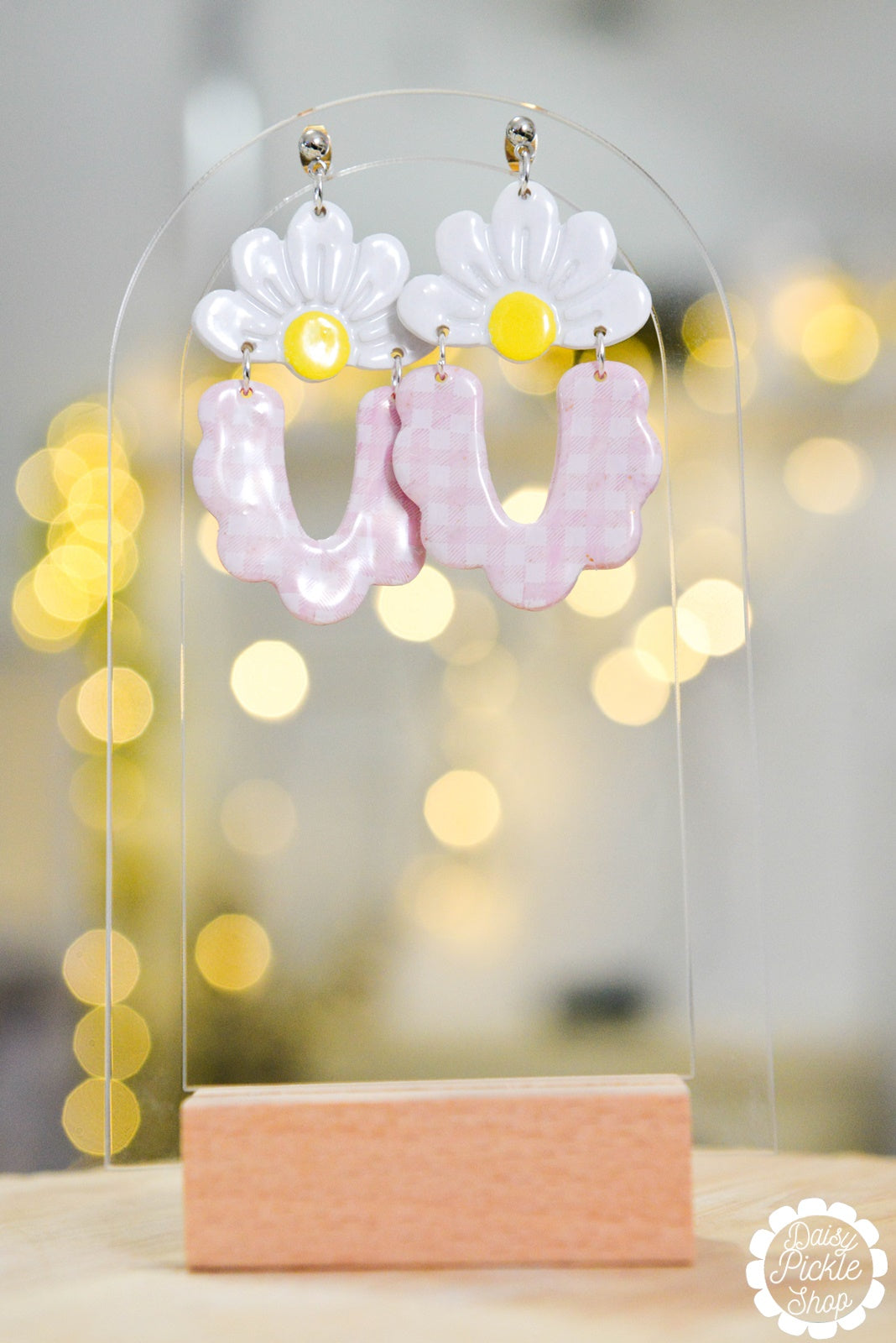 Pink Daisy Gingham Earrings